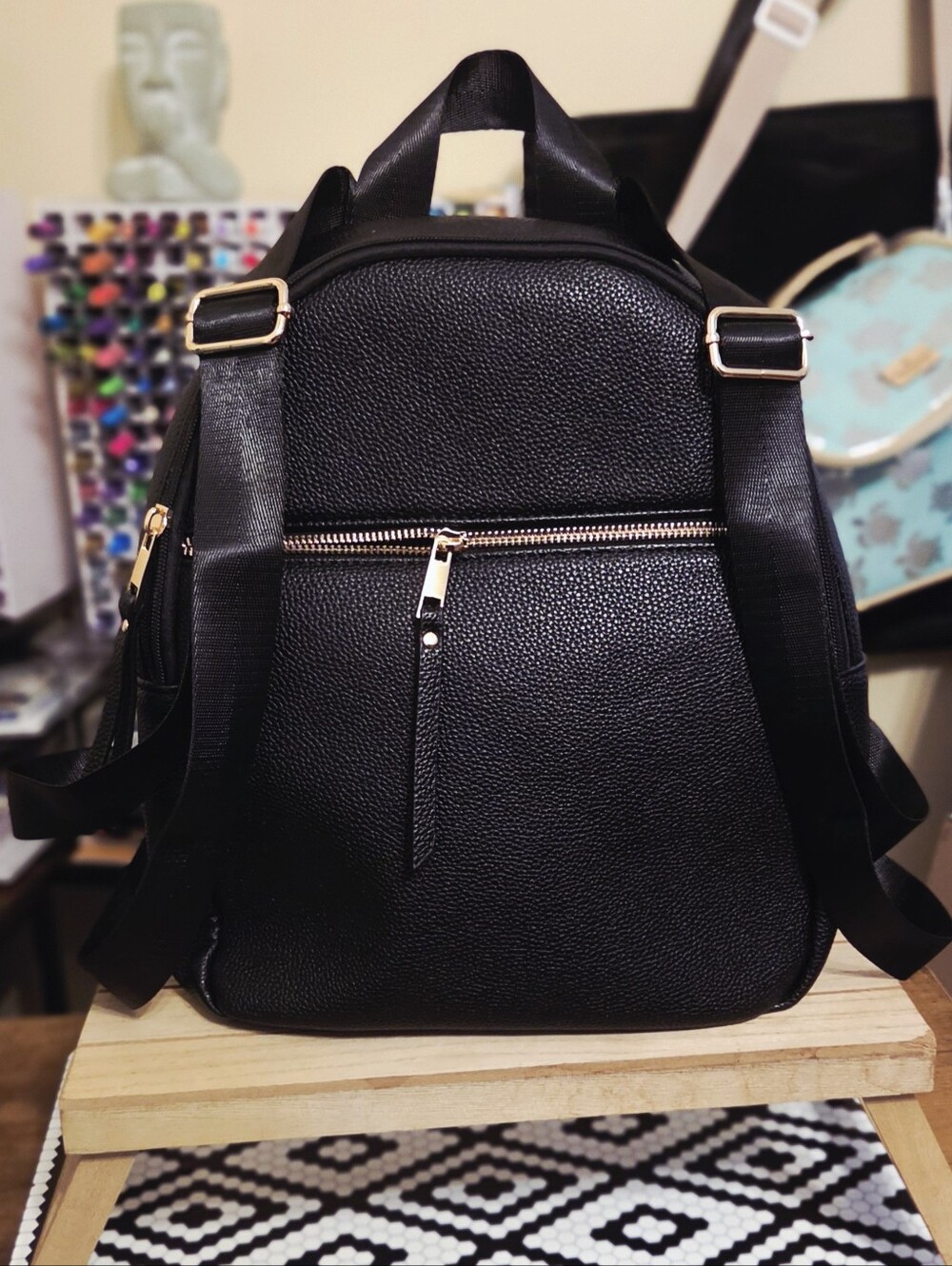 Black Leatherette Women's Backpack Purse - Classic Everyday Bag